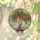 Peach Tree Stained Glass Suncatcher, Round Fruit Tree Window Panel with Vibrant Leaves and Blossoms, Nature Garden Glass Art Decor