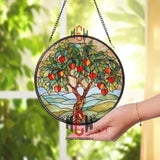 Peach Tree Stained Glass Suncatcher, Round Fruit Tree Window Panel with Vibrant Leaves and Blossoms, Nature Garden Glass Art Decor