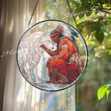 Native American and Wolf Stained Glass Suncatcher, Spiritual Round Window Panel, Tribal Art Home Decor, Cultural Wildlife Gift