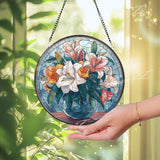 Lily Bouquet Stained Glass Suncatcher, Round Floral Window Panel with Vase, Elegant Glass Art Home Decor and Gift