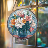 Lily Bouquet Stained Glass Suncatcher, Round Floral Window Panel with Vase, Elegant Glass Art Home Decor and Gift