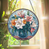 Lily Bouquet Stained Glass Suncatcher, Round Floral Window Panel with Vase, Elegant Glass Art Home Decor and Gift