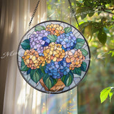 Hydrangea Bouquet Stained Glass Suncatcher, Round Colorful Floral Window Panel, Bright Garden Flower Glass Art Home Decor