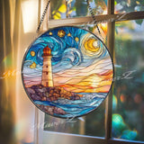 Lighthouse Stained Glass Suncatcher, Round Coastal Ocean Sunset Panel with Waves and Starry Sky, Nautical Beach House Window Decor