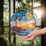 Lighthouse Stained Glass Suncatcher, Round Coastal Ocean Sunset Panel with Waves and Starry Sky, Nautical Beach House Window Decor