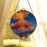 Volcano Eruption Stained Glass Suncatcher, Round Mountain Landscape Window Panel, Fiery Nature Glass Art Home Decor for Adventure Lovers