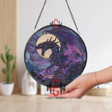 Dragon Stained Glass Suncatcher, Round Fantasy Window Panel with Moon and Lightning, Mystical Gothic Glass Art Home Decor for Dragon Lovers