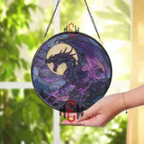Dragon Stained Glass Suncatcher, Round Fantasy Window Panel with Moon and Lightning, Mystical Gothic Glass Art Home Decor for Dragon Lovers