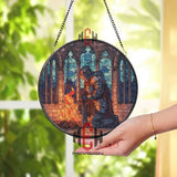 Knight Stained Glass Suncatcher, Round Medieval Warrior Window Panel with Fire, Gothic Fantasy Glass Art Home Decor for History Lovers