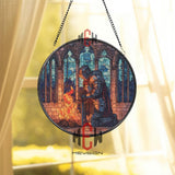 Knight Stained Glass Suncatcher, Round Medieval Warrior Window Panel with Fire, Gothic Fantasy Glass Art Home Decor for History Lovers
