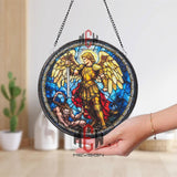 Archangel Michael Stained Glass Suncatcher, Round Angel Warrior Window Panel with Sword, Spiritual Gothic Glass Art Home Decor