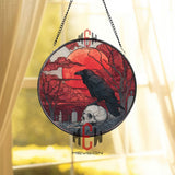 Raven and Skull Stained Glass Suncatcher, Round Gothic Cemetery Window Panel with Blood Moon, Dark Fantasy Glass Art Home Decor