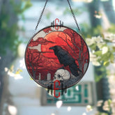 Raven and Skull Stained Glass Suncatcher, Round Gothic Cemetery Window Panel with Blood Moon, Dark Fantasy Glass Art Home Decor