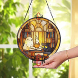 Ghost and Cat Stained Glass Suncatcher, Round Cozy Library Window Panel with Books and Coffee, Cute Gothic Halloween Glass Art Decor
