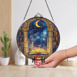 Moon and Book Stained Glass Suncatcher, Round Library Window Panel with Starry Sky, Mystical Glass Art Home Decor for Book Lovers