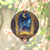 Moon and Book Stained Glass Suncatcher, Round Library Window Panel with Starry Sky, Mystical Glass Art Home Decor for Book Lovers