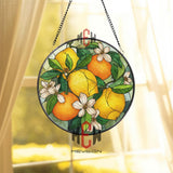 Lemon and Orange Stained Glass Suncatcher, Round Citrus Fruit Window Panel with Blossoms, Kitchen Garden Glass Art Home Decor