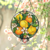 Lemon and Orange Stained Glass Suncatcher, Round Citrus Fruit Window Panel with Blossoms, Kitchen Garden Glass Art Home Decor