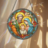 Holy Family Stained Glass Suncatcher, Round Religious Window Panel with Joseph, Mary and Child Jesus, Christian Spiritual Home Decor
