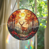 Deer in Autumn Forest Stained Glass Suncatcher, Round Nature Window Panel with Sunlight and Trees, Wildlife Glass Art Home Decor