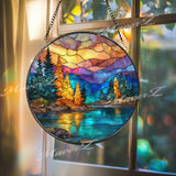 Mountain Sunset Stained Glass Suncatcher, Round Nature Lake and Forest Window Panel, Colorful Landscape Glass Art Home Décor