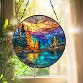 Mountain Sunset Stained Glass Suncatcher, Round Nature Lake and Forest Window Panel, Colorful Landscape Glass Art Home Décor