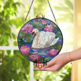 White Swan and Pink Lotus Stained Glass Suncatcher, Round Water Lily Window Panel, Nature Pond Glass Art for Home and Garden Decor
