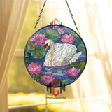 White Swan and Pink Lotus Stained Glass Suncatcher, Round Water Lily Window Panel, Nature Pond Glass Art for Home and Garden Decor