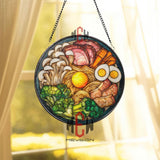 Ramen Bowl Stained Glass Suncatcher, Round Japanese Noodle Soup Window Panel with Eggs, Vegetables, and Pork, Asian Kitchen Decor