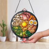 Ramen Bowl Stained Glass Suncatcher, Round Japanese Noodle Soup Window Panel with Eggs, Vegetables, and Pork, Asian Kitchen Decor