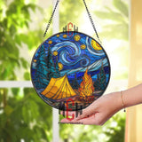 Camping Night Stained Glass Suncatcher, Round Starry Sky Forest Tent and Campfire Window Panel, Outdoor Adventure Glass Art Decor