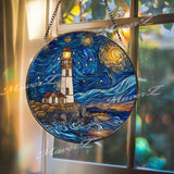 Lighthouse Starry Night Suncatcher: Coastal Van Gogh Inspired Glass Art