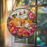 Orange Cat Suncatcher: Floral Stained Glass Window Decor