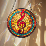 Treble Clef Suncatcher: Red, Yellow & Teal Musical Glass Art