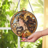 Zodiac Goddess Stained Glass Suncatcher, Elegant Ram Horn Woman Round Window Panel, Mythical Fantasy Astrology Glass Decor for Home