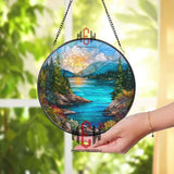 Mountain Lake Sunset Stained Glass Suncatcher, Colorful Nature Landscape Round Window Hanging, Cabin or Lodge Decor Gift
