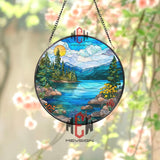 Mountain Lake Sunset Stained Glass Suncatcher, Colorful Nature Landscape Round Window Hanging, Cabin or Lodge Decor Gift
