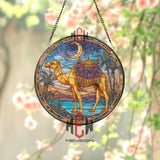 Desert Camel Stained Glass Suncatcher, Crescent Moon Oasis Round Window Panel, Arabian Nights Sand Dunes Home Decor Gift