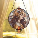 Golden Goddess Stained Glass Suncatcher, Art Nouveau Woman Round Panel, Fantasy Mythical Lady Window Hanging Home Decor