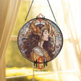 Golden Goddess Stained Glass Suncatcher, Art Nouveau Woman Round Panel, Fantasy Mythical Lady Window Hanging Home Decor
