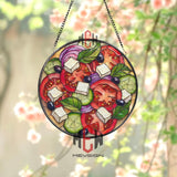 Greek Salad Stained Glass Suncatcher, Colorful Mediterranean Veggie Panel, Tomato Cucumber Feta Window Hanging Kitchen Decor