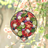Greek Salad Stained Glass Suncatcher, Colorful Mediterranean Veggie Panel, Tomato Cucumber Feta Window Hanging Kitchen Decor