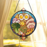 Japanese Ramen Stained Glass Suncatcher, Noodle Soup Window Hanging with Eggs Pork and Vegetables, Asian Kitchen Glass Art Decor Gift