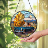 Vintage Car Suncatcher: Autumn Landscape, Retro Glass Art Window Decor