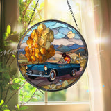 Vintage Car Suncatcher: Autumn Landscape, Retro Glass Art Window Decor