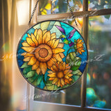 Sunflower Hummingbird Glass Suncatcher: Floral Window Art Decor