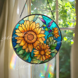 Sunflower Hummingbird Glass Suncatcher: Floral Window Art Decor