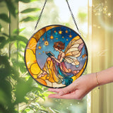 Fairy Reading Suncatcher: Crescent Moon Stained Glass Window Panel