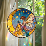 Fairy Reading Suncatcher: Crescent Moon Stained Glass Window Panel