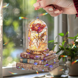 Enchanted Rose Acrylic Suncatcher, Beauty and the Beast Inspired Flower in Glass Dome Window Hanging, Stained Glass Style Fantasy Decor Gift